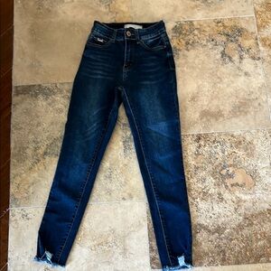 Cyclon Raw and Distessed Hem Skinny Stretchy Dark Blue Jeans